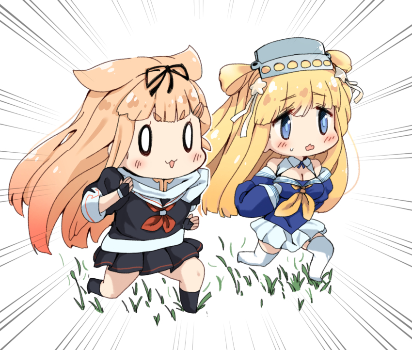 0_0 2girls black_gloves black_ribbon black_serafuku black_shirt black_skirt blonde_hair blue_eyes blue_shirt commentary_request double_bun dyson_(edaokunnsaikouya) ehho_ehho_(meme) emphasis_lines fingerless_gloves fletcher_(kancolle) fletcher_kai_(kancolle) folded_hair gloves grass hair_bun hair_flaps hair_ornament highres kantai_collection long_hair meme metal_hairband multiple_girls neckerchief parody pleated_skirt red_neckerchief ribbon sailor_collar scarf school_uniform serafuku shirt simple_background skirt star_(symbol) star_hair_ornament thighhighs white_background white_scarf white_skirt white_thighhighs yellow_neckerchief yuudachi_(kancolle) yuudachi_kai_ni_(kancolle)