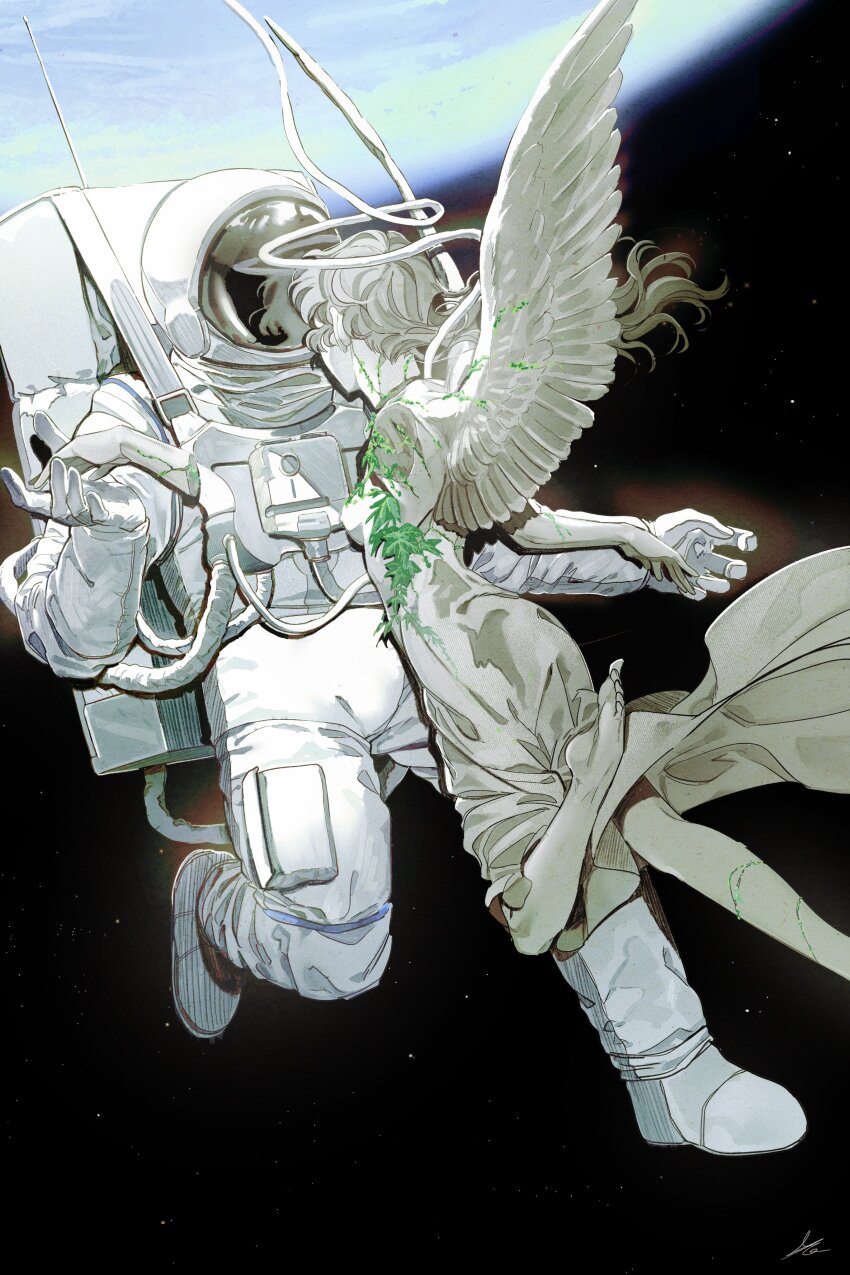 1boy 1girl absurdres angel angel_statue angel_wings artist_name astronaut barefoot breasts cracked_skin disembodied_hand earth_(planet) feathered_wings feet from_behind helmet hetero highres medium_hair nipples original pale_skin planet plant robe signature small_breasts space space_helmet spacesuit star_(sky) statue toes toktin_zq vines wings