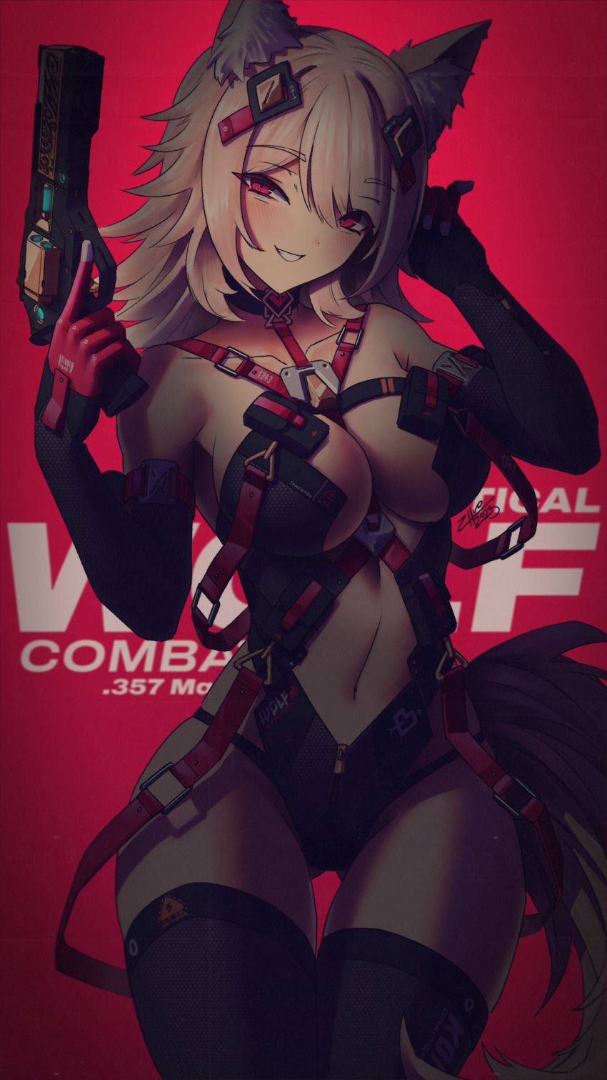 1girl absurdres animal_ear_fluff animal_ears arm_up black_choker black_gloves black_thighhighs blush breasts brown_tail choker collarbone commission cowboy_shot detached_sleeves gloves gluteal_fold gun hand_up handgun highres holding holding_gun holding_weapon large_breasts navel original red_background red_eyes red_gloves smile tail teeth thighhighs thighs two-tone_gloves weapon zhvo