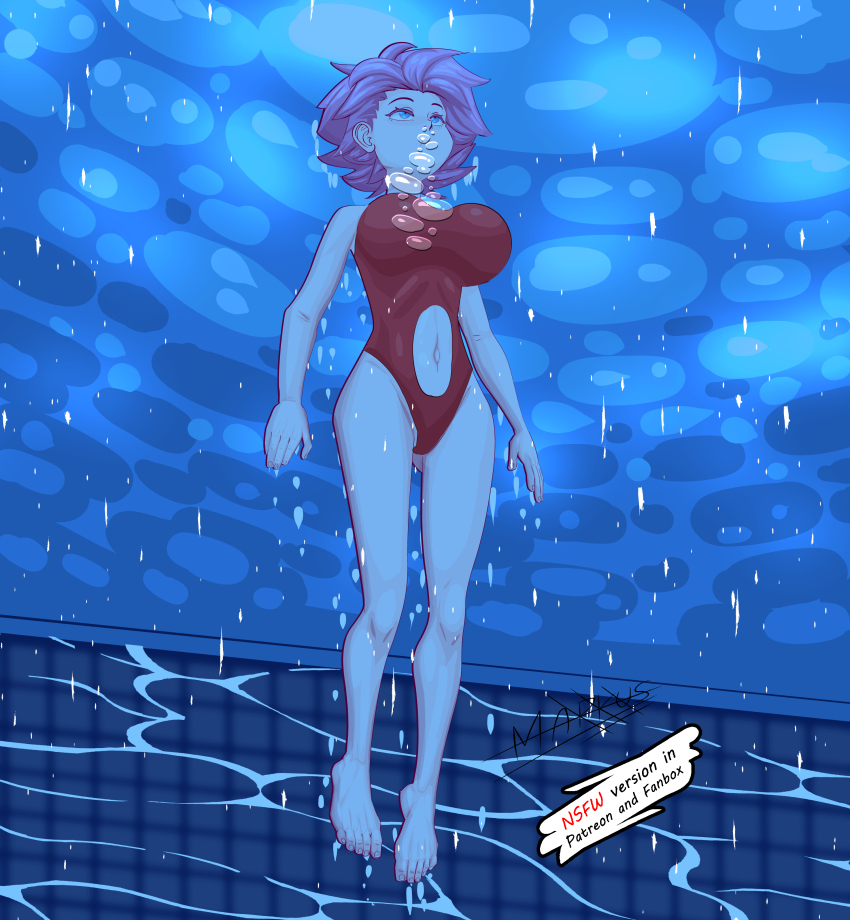 1girl absurdres air_bubble ass barefoot blowing_bubbles breasts bubble diving highres large_breasts markustercero one-piece_swimsuit pink_hair pool poolside short_hair submerged swimming swimsuit underwater water