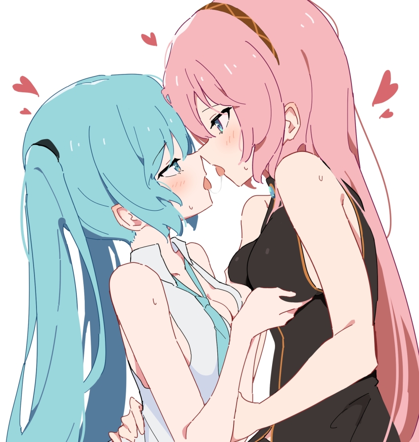2girls after_kiss bare_arms blue_eyes blue_hair blue_necktie commentary_request eye_contact giryu grabbing_another&#039;s_breast groping hand_on_another&#039;s_waist hatsune_miku heart highres long_hair looking_at_another megurine_luka multiple_girls necktie open_clothes open_mouth open_shirt pink_hair saliva saliva_trail shirt simple_background sleeveless sleeveless_shirt sweat tongue tongue_out twintails vocaloid white_background white_shirt yuri