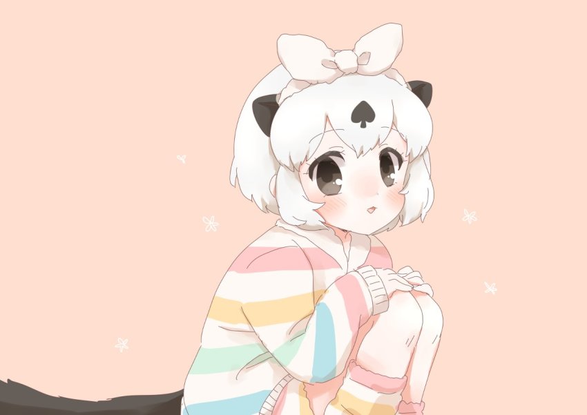 animal_ears black_hair blue_pajamas blush brown_eyes californian_sea_otter_(kemono_friends) commentary_request extra_ears green_pajamas kemono_friends kemono_friends_3 kneeling knees_to_chest kuromitsu_(9633_kmfr) long_sleeves multicolored_hair multicolored_pajamas official_alternate_costume open_mouth otter_ears otter_girl otter_tail pajamas red_pajamas short_hair shorts socks striped_clothes striped_pajamas striped_shorts striped_socks tail two-tone_hair white_hair yellow_pajamas