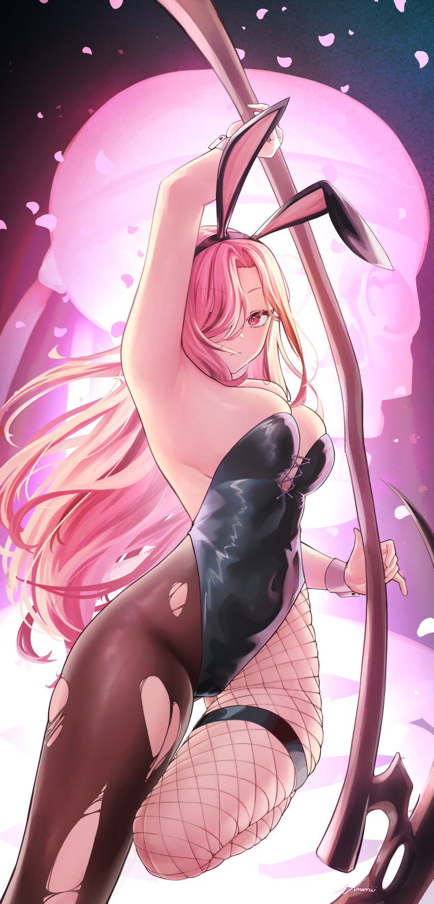 1girl absurdres alternate_costume animal_ear_hairband animal_ears arm_up armpits asymmetrical_legwear bare_shoulders black_leotard black_pantyhose breasts center_cross_lace commentary covered_navel cross-laced_clothes cross-laced_leotard curtained_hair deadbeat_(mori_calliope) fake_animal_ears falling_petals fishnet_pantyhose fishnets giant_skeleton gluteal_fold hair_over_one_eye hairband highleg highleg_leotard highres holding holding_scythe hololive hololive_english large_breasts leg_up leotard long_hair looking_at_viewer mismatched_legwear mori_calliope pantyhose petals pink_hair playboy_bunny rabbit_ear_hairband rabbit_ears red_eyes scythe sideboob solo strapless strapless_leotard symbol-only_commentary thigh_strap torn_clothes torn_pantyhose umamii virtual_youtuber wrist_cuffs