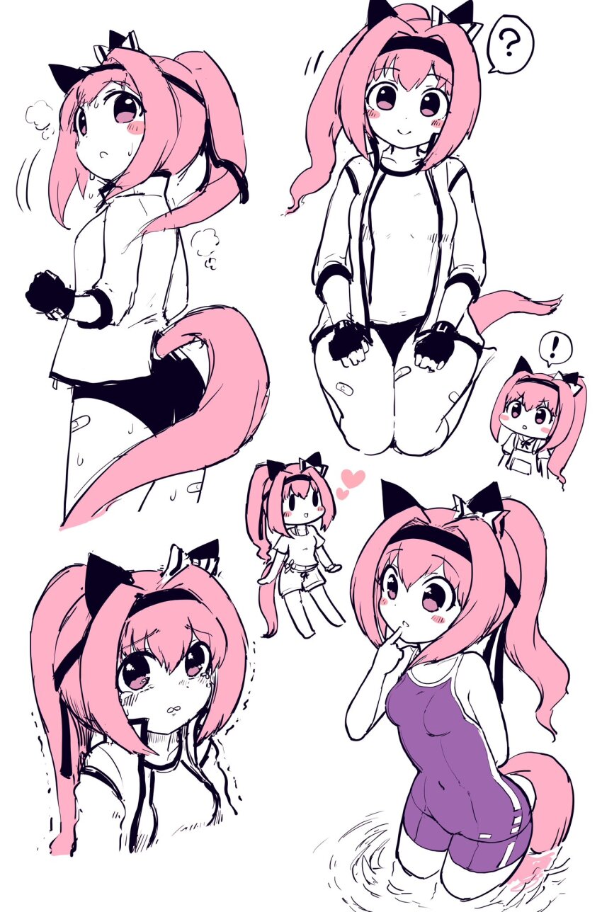 ! 1girl ? animal_ears ass bandaid bandaid_on_leg blue_one-piece_swimsuit blush bow buruma chibi clothing_cutout commentary_request competition_school_swimsuit cowboy_shot ear_bow ear_covers fingerless_gloves from_behind gaze_on_me!_outfit_(umamusume) gloves haru_urara_(umamusume) heart highres horse_ears horse_girl horse_tail jacket limited_palette looking_at_viewer looking_back multiple_views one-piece_swimsuit open_clothes open_jacket pink_eyes pink_hair school_swimsuit seiza shirt shorts simoyuki simple_background sitting smile spoken_exclamation_mark spoken_question_mark swimsuit tail tail_through_clothes tearing_up tied_shirt tracen_swimsuit umamusume wading water white_background
