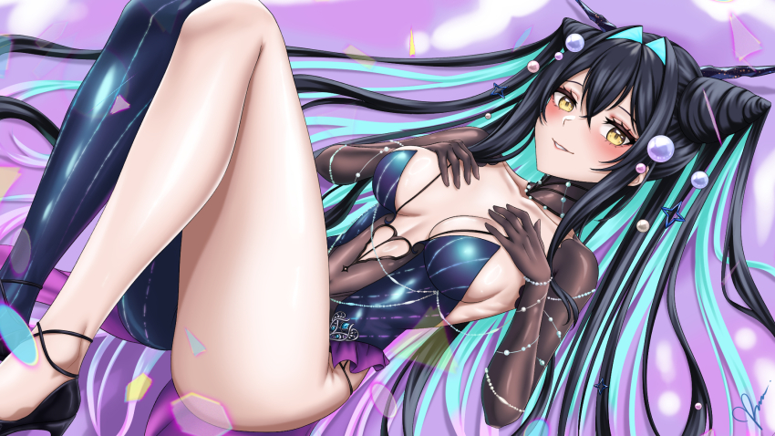 1girl black_hair blue_hair breasts cleavage colored_inner_hair covered_navel dress goddess_of_victory:_nikke green_hair hair_intakes highres jewelry large_breasts little_mermaid_(abyss_flower)_(nikke) little_mermaid_(nikke) long_hair looking_at_viewer multicolored_hair official_alternate_costume ramiki_(ramesgoag) see-through_clothes smile solo two-tone_hair very_long_hair yellow_eyes