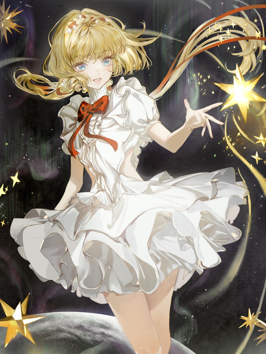 1girl absurdres aurora blonde_hair blue_eyes bow bowtie braid braided_bangs cowboy_shot dress floating_hair grin hair_ribbon hand_up highres jiusheng_(huaichuan) kiperina layered_dress long_hair looking_at_viewer low_ponytail planet ponytail puffy_short_sleeves puffy_sleeves red_bow red_bowtie red_ribbon reverse:1999 ribbon short_dress short_sleeves smile solo space sparkle stellated_octahedron very_long_hair white_dress