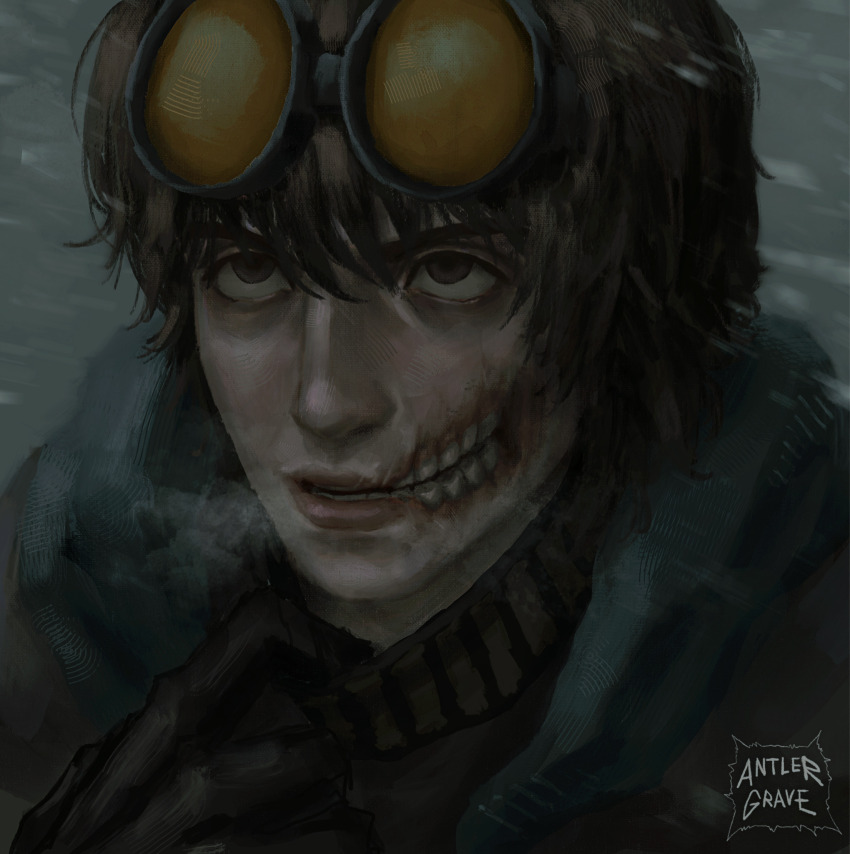 1boy adjusting_clothes antlergrave artist_name black_gloves black_sweater brown_eyes brown_hair creepypasta dark glasgow_smile gloves goggles goggles_on_head grey_background grey_hood hair_between_eyes hand_up highres hood hood_down lips looking_up male_focus open_mouth portrait realistic short_hair simple_background solo sweater teeth ticci_toby turtleneck turtleneck_sweater