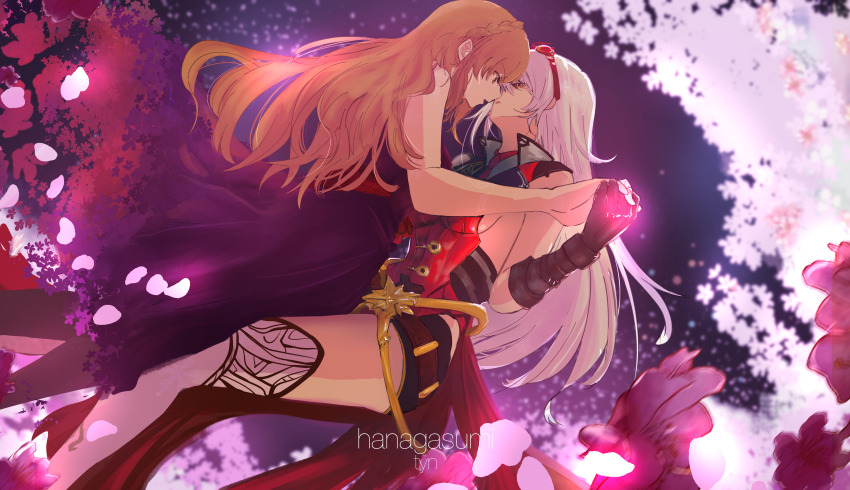 2girls absurdres arnas_(yoru_no_nai_kuni) boots braid braided_bun breasts brown_hair dress goggles goggles_on_head hair_bun highres imminent_kiss long_hair lyuritis_(yoru_no_nai_kuni) multiple_girls ossan_jololol sideboob thigh_boots very_long_hair white_hair wife_and_wife yoru_no_nai_kuni yuri