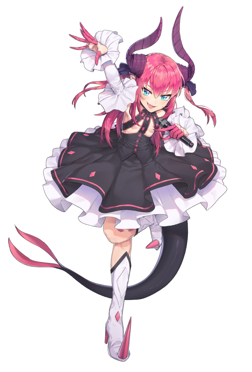 1girl absurdres asymmetrical_horns black_dress blue_eyes boots breasts commentary_request curled_horns detached_sleeves dragon_girl dragon_horns dragon_tail dress elizabeth_bathory_(fate) elizabeth_bathory_(fate/extra) fang fate/extra fate/grand_order fate_(series) finger_cots full_body hair_ribbon high_heel_boots high_heels highres holding holding_microphone horns kam-ja knee_boots long_hair looking_at_viewer microphone open_mouth pink_hair pointy_ears ribbon simple_background small_breasts solo standing standing_on_one_leg tail two_side_up uneven_horns white_background white_boots white_sleeves