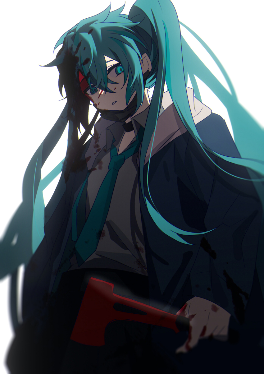 1girl aqua_eyes aqua_hair backlighting blood half-closed_eyes hatsune_miku highres holding holding_weapon long_hair looking_at_viewer simple_background solo twintails vocaloid weapon ximuye