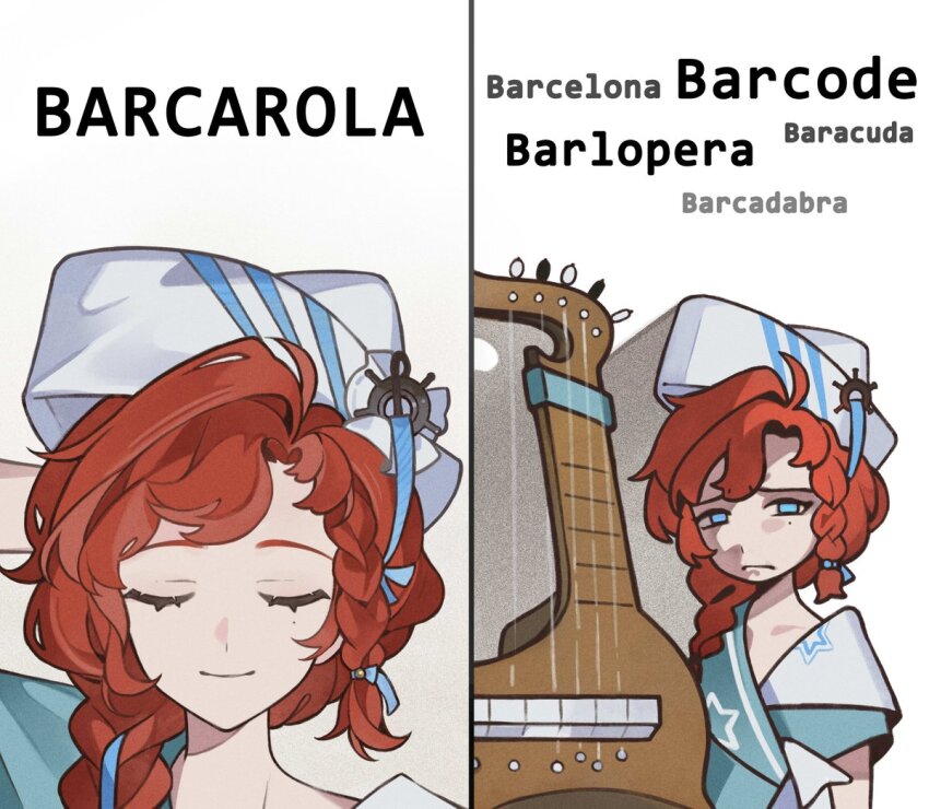 1girl annoyed barcarola_(reverse:1999) blue_eyes braid character_name closed_eyes comparison dixie_cup_hat english_text hat holding holding_instrument holding_violin instrument long_hair looking_at_viewer military_hat mole mole_under_eye quanx70909457 red_hair reverse:1999 smile solo typo violin white_hat