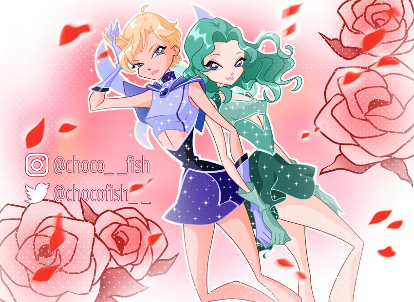 2girls adapted_costume ahoge aqua_gloves aqua_hair aqua_leotard aqua_skirt aqua_wings asymmetrical_bangs bad_id bad_twitter_id bare_legs bare_shoulders bishoujo_senshi_sailor_moon black_corset blonde_hair blue_eyes blue_gemstone blue_gloves blue_sailor_collar blue_shirt blue_skirt blue_wings border bright_pupils cartoonized chest_jewel chocofish closed_mouth clothing_cutout commentary corset earrings english_commentary expressionless eyeshadow fairy fairy_wings feet_out_of_frame floating_hair flower gem gloves gold_earrings halftone halftone_background hand_in_own_hair happy highres holding_hands hoop_earrings instagram_username jewelry kaiou_michiru leotard lipstick long_hair magical_girl makeup miniskirt multiple_girls outline outside_border pale_skin parody petals pink_background pink_eyeshadow pink_lips pleated_skirt red_flower red_rose rose rose_petals round_border sailor_collar sailor_neptune sailor_uranus shirt skirt sleeveless sleeveless_shirt sparkle stomach_cutout style_parody ten&#039;ou_haruka toon_(style) turtleneck turtleneck_shirt twitter_username watermark wavy_hair white_border white_outline white_pupils wings winx_club yuri
