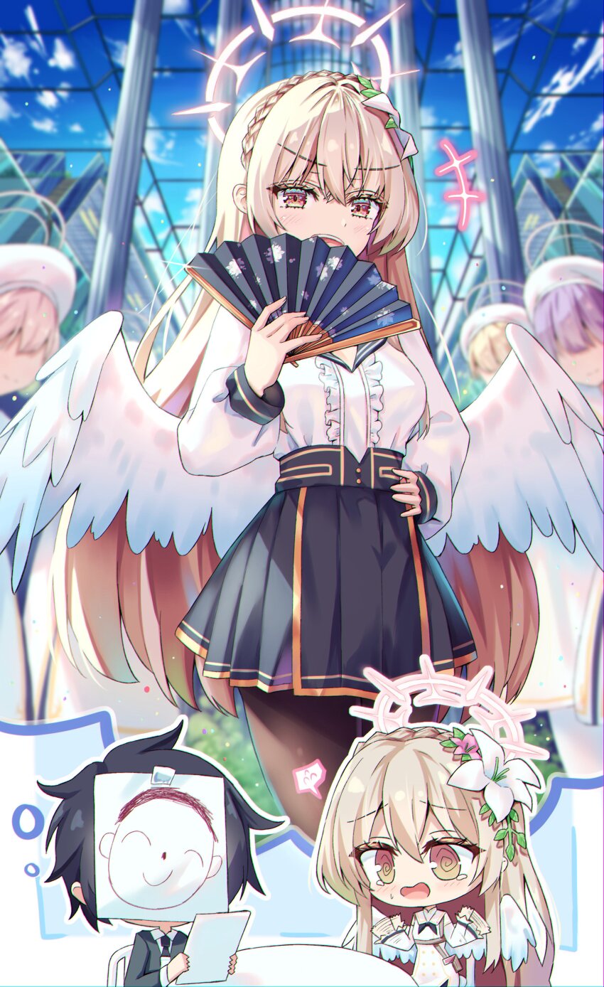 1boy 1girl absurdres angel_wings black_pantyhose black_skirt blonde_hair blue_archive breasts chibi doodle_sensei_(blue_archive) feathered_wings flower hair_flower hair_ornament halo hand_fan hand_on_own_hip highres holding holding_fan long_hair long_sleeves looking_at_viewer medium_breasts nagisa_(blue_archive) natie open_mouth pantyhose pink_halo pleated_skirt sensei_(blue_archive) skirt smile very_long_hair white_wings wings yellow_eyes
