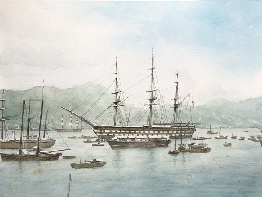 atelier_bono boat highres hms_rodney_(1833) mast military_vehicle mountainous_horizon no_humans original painting_(medium) port royal_navy sail ship ship_of_the_line traditional_media vehicle_focus warship watercolor_(medium) watercraft