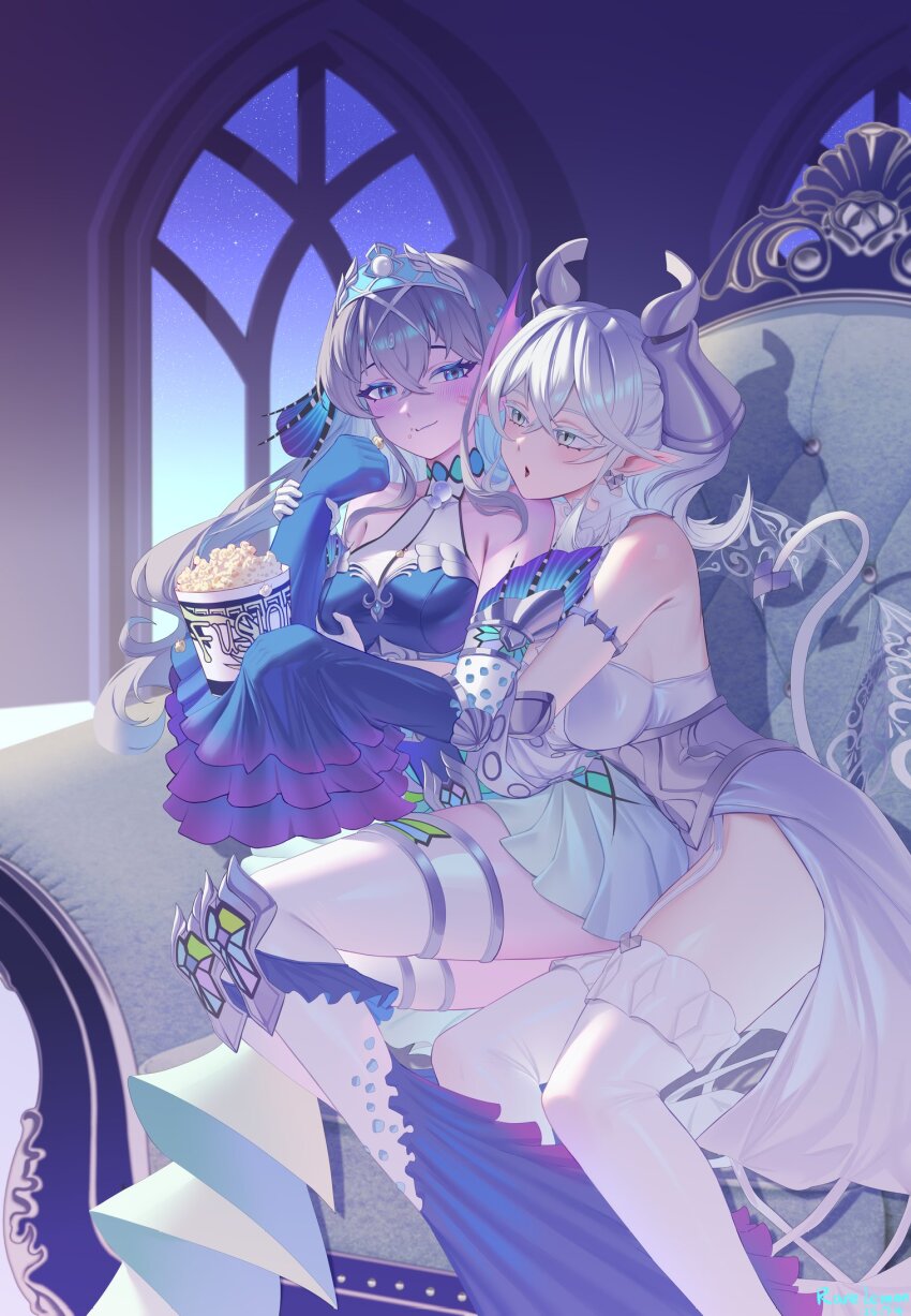 2girls bare_shoulders blue_dress blush breasts demon_girl demon_horns demon_tail demon_wings dress duel_monster food green_eyes highres horns instant_fusion kitkallos_(yu-gi-oh!) large_breasts long_hair lovely_labrynth_of_the_silver_castle multiple_girls multiple_wings pointy_ears popcorn rare_lemon sitting tail tearlaments_kitkallos tiara transparent_wings white_dress white_wings wings yu-gi-oh! yuri