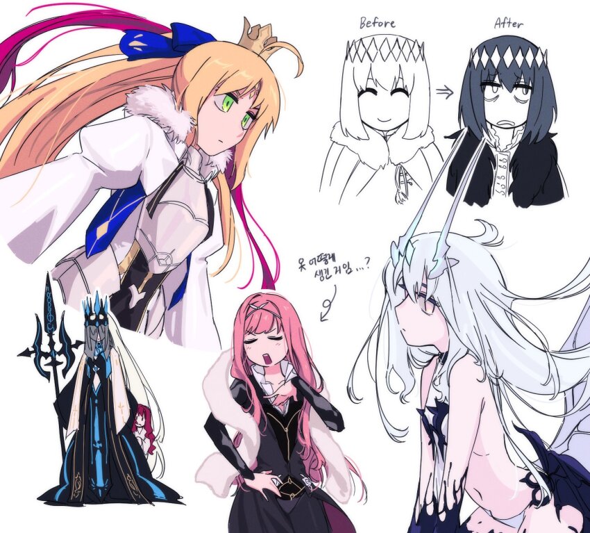 1boy 4girls artoria_caster_(fate) artoria_caster_(third_ascension)_(fate) artoria_pendragon_(fate) baobhan_sith_(fate) black_dress black_gloves black_hair blonde_hair bow closed_eyes cnoc_na_riabh_(fate) crown dress fate/grand_order fate_(series) fur_trim gloves green_eyes hair_between_eyes hair_bow highres hwanm_fate long_hair looking_at_viewer medb_(fate) melusine_(fate) melusine_(third_ascension)_(fate) morgan_le_fay_(fate) morgan_le_fay_(queen_of_winter)_(fate) multiple_girls oberon_(fate) oberon_(third_ascension)_(fate) pink_hair polearm ponytail short_hair spear veil very_long_hair weapon white_hair yellow_eyes