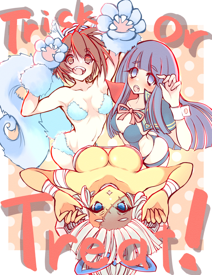 3girls ass blue_eyes blush breasts brown_eyes brown_hair cape claw_pose cleavage cosplay curvy english_text fangs frankenstein&#039;s_monster_(cosplay) hair_ribbon halloween halloween_costume highres large_breasts legs long_hair looking_at_viewer majikina_mina multiple_girls nakoruru navel open_mouth parted_lips ponytail purple_eyes purple_hair ribbon rimururu samurai_spirits short_hair siblings sisters smile snk snk_heroines:_tag_team_frenzy teeth thighs thong_one-piece_swimsuit tongue upside-down vampire_costume white_hair