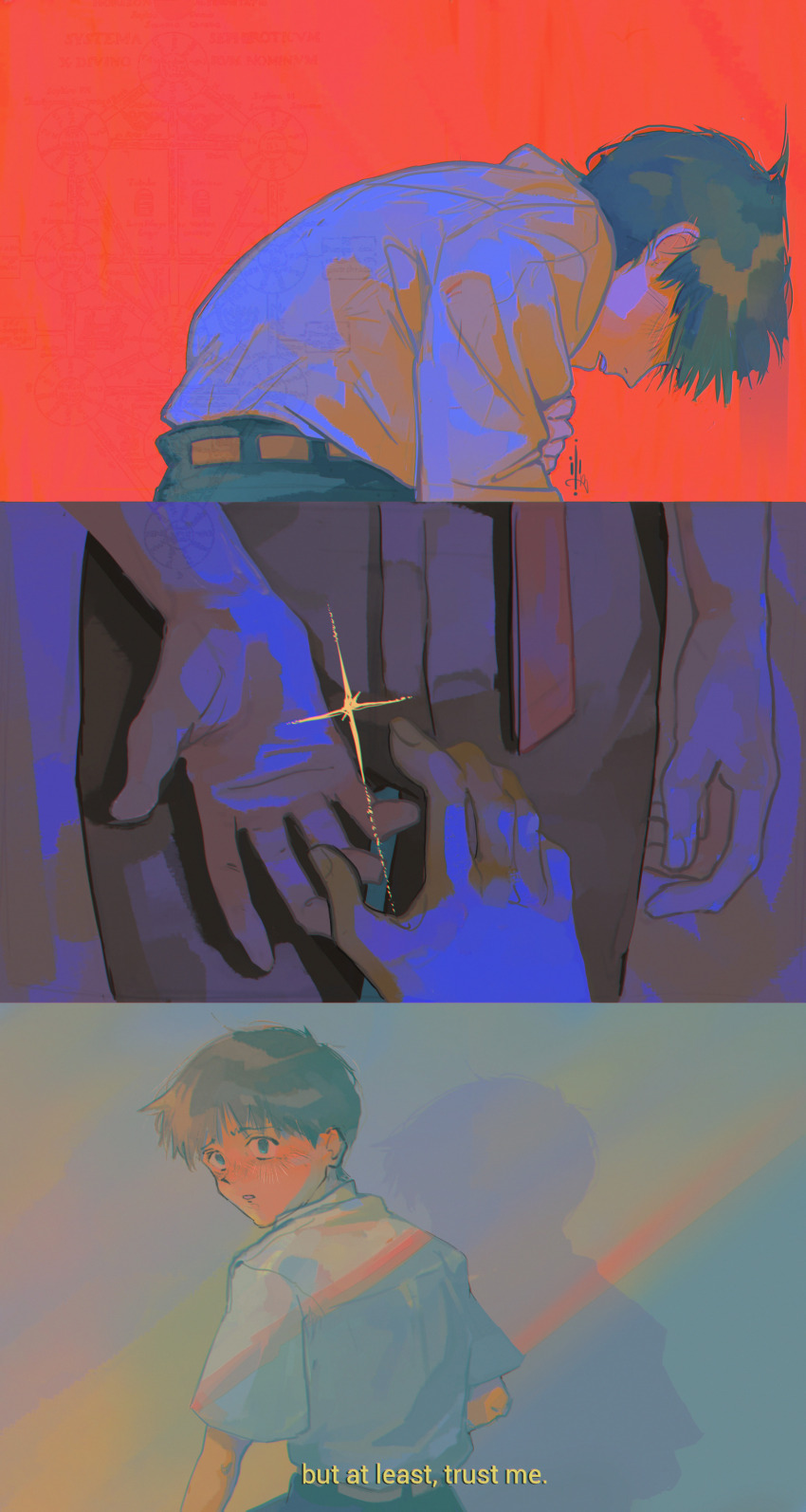 2boys absurdres against_wall belt black_hair black_pants blue_eyes colorful derivative_work from_behind from_side green_background highres ikari_shinji male_focus multiple_boys nagisa_kaworu neon_genesis_evangelion out_of_frame pants reaching reaching_towards_another red_background saturated screenshot_redraw short_hair sparkle subtitled windsaor