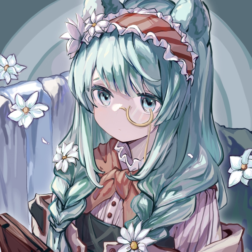 1girl anehana animal_ears arknights artist_request bear_ears black_dress blue_eyes blue_hair book bow bowtie braid brown_bow brown_bowtie commentary dress flower food hair_flower hair_ornament hairband highres istina_(arknights) istina_(bibliosmia)_(arknights) light_blue_hair long_hair long_sleeves looking_at_viewer monocle off_shoulder official_alternate_costume pancake petticoat pinafore_dress plant potted_plant red_hairband shirt sitting sleeveless_dress solo table twin_braids upper_body white_flower white_shirt