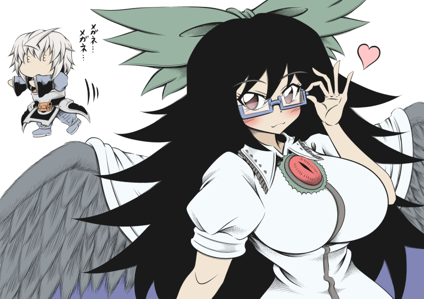 1boy 1girl 3_3 :3 adjusting_eyewear black_hair bow breasts brown_eyes commentary_request feathered_wings glasses grey_hair hair_bow hidefu_kitayan highres large_breasts long_hair morichika_rinnosuke reiuji_utsuho short_hair simple_background touhou translation_request upper_body white_background wings
