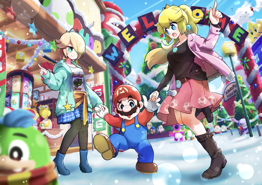 1boy 2girls ?_block absurdres alternate_costume belt bird birdo black_shirt blonde_hair blouse blue_eyes blue_footwear boo_(mario) boots box breasts broozer brown_footwear brown_hair christmas christmas_ornaments christmas_tree closed_mouth clothes_around_waist crown earrings english_text facial_hair fire_flower fly_guy fur_trim gift gift_box gloves goombario goombella hair_over_one_eye hat high_heel_boots high_heels highres holding_hands hood hood_down hoodie ice_flower_(mario) jacket jewelry koopa_troopa long_hair long_sleeves mario mario_(series) merugamu_melgum multiple_girls mustache necklace nintendo open_clothes open_hoodie open_jacket open_mouth overalls pantyhose paper_mario paper_mario:_the_thousand_year_door paper_mario_64 pearl_earrings piranha_plant plaid_clothes plaid_skirt pointing poison_mushroom ponytail pow_block princess_peach print_shirt red_headwear red_shirt rosalina scarf shared_clothes shared_scarf shirt shiverian skirt sleeves_past_wrists snow snowing spike_(mario) star_(symbol) star_earrings star_print super_bell super_mario_galaxy super_star_(mario) sweat sweater sweater_around_waist thighhighs white_gloves white_shirt yoshi