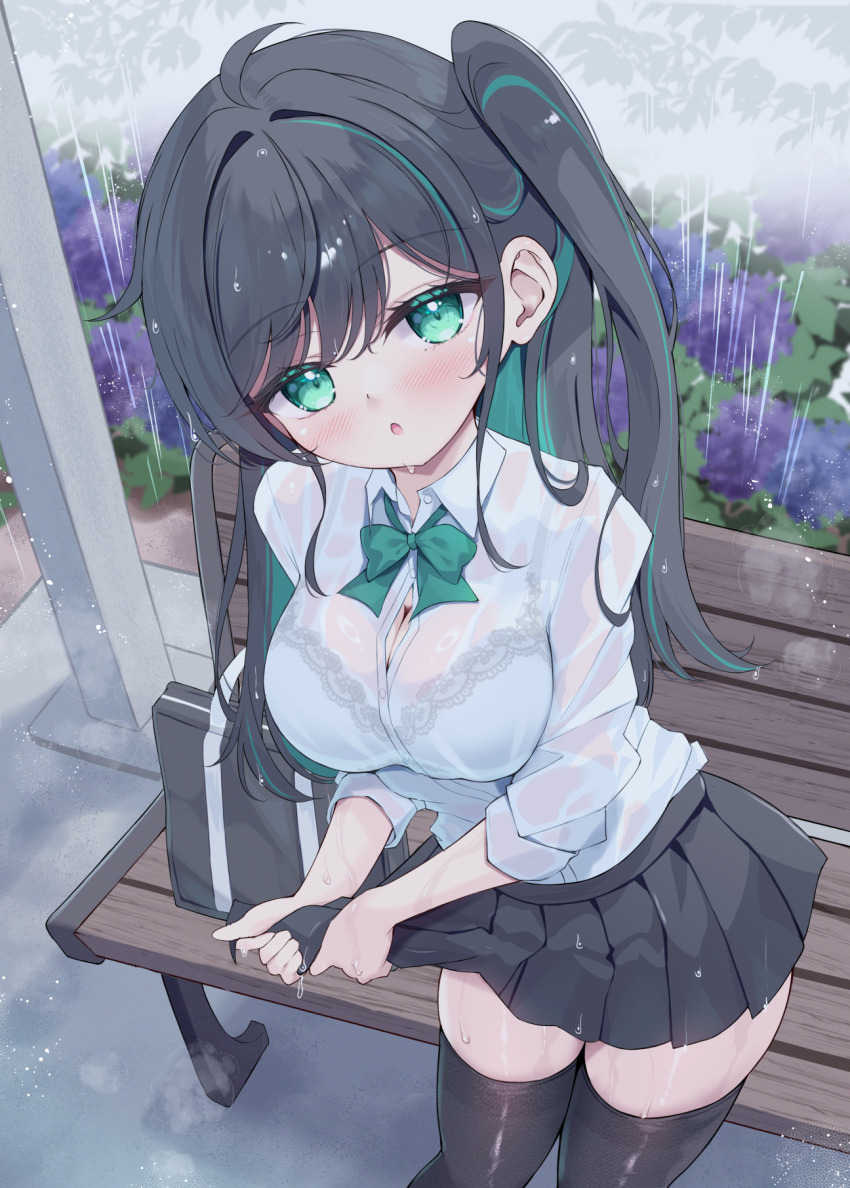 1girl black_hair black_skirt black_thighhighs blush bow bowtie bra breasts colored_inner_hair flower green_bow green_bowtie green_bra green_eyes highres large_breasts long_hair looking_at_viewer mikaze_oto multicolored_hair open_mouth original outdoors rain see-through_clothes shirt skirt solo streaked_hair taking_shelter thighhighs twintails underwear wet wet_clothes white_shirt