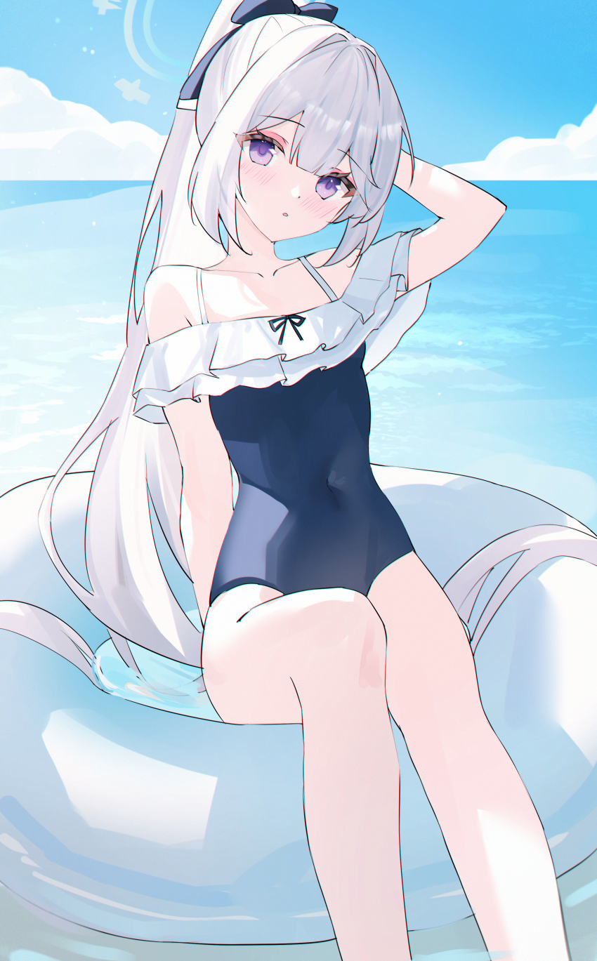 1girl absurdres blue_archive blue_halo blue_one-piece_swimsuit casual_one-piece_swimsuit covered_navel frilled_one-piece_swimsuit frills halo highres miyako_(blue_archive) miyako_(swimsuit)_(blue_archive) off-shoulder_one-piece_swimsuit off_shoulder official_alternate_costume one-piece_swimsuit solo swim_ring swimsuit usagi_(786113654) white_innertube