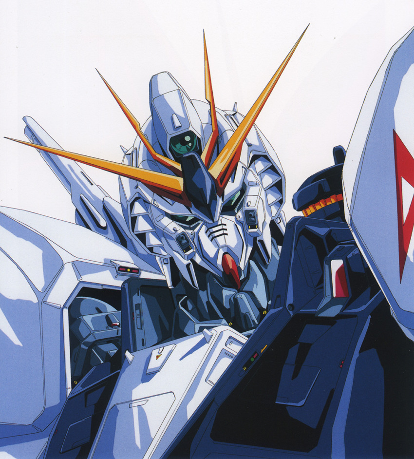 1980s_(style) anaheim_electronics char&#039;s_counterattack green_eyes gundam highres izubuchi_yutaka key_visual looking_at_viewer machinery magazine_scan mecha mobile_suit newtype no_humans nu_gundam official_art oldschool promotional_art retro_artstyle robot roundel scan science_fiction traditional_media upper_body v-fin
