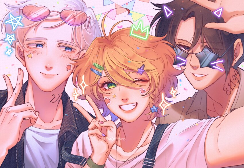 1girl 2boys absurdres black_hair black_jacket blue_eyes blush braid brown_shirt closed_mouth emma_(yakusoku_no_neverland) eyewear_on_head glasses green_eyes heart heart-shaped_eyewear highres jacket multiple_boys neck_tattoo norman_(yakusoku_no_neverland) number_tattoo one_eye_closed orange_hair overalls parfaitrine ray_(yakusoku_no_neverland) shirt short_hair smile star-shaped_eyewear star_(symbol) tattoo teeth v white_hair white_shirt yakusoku_no_neverland