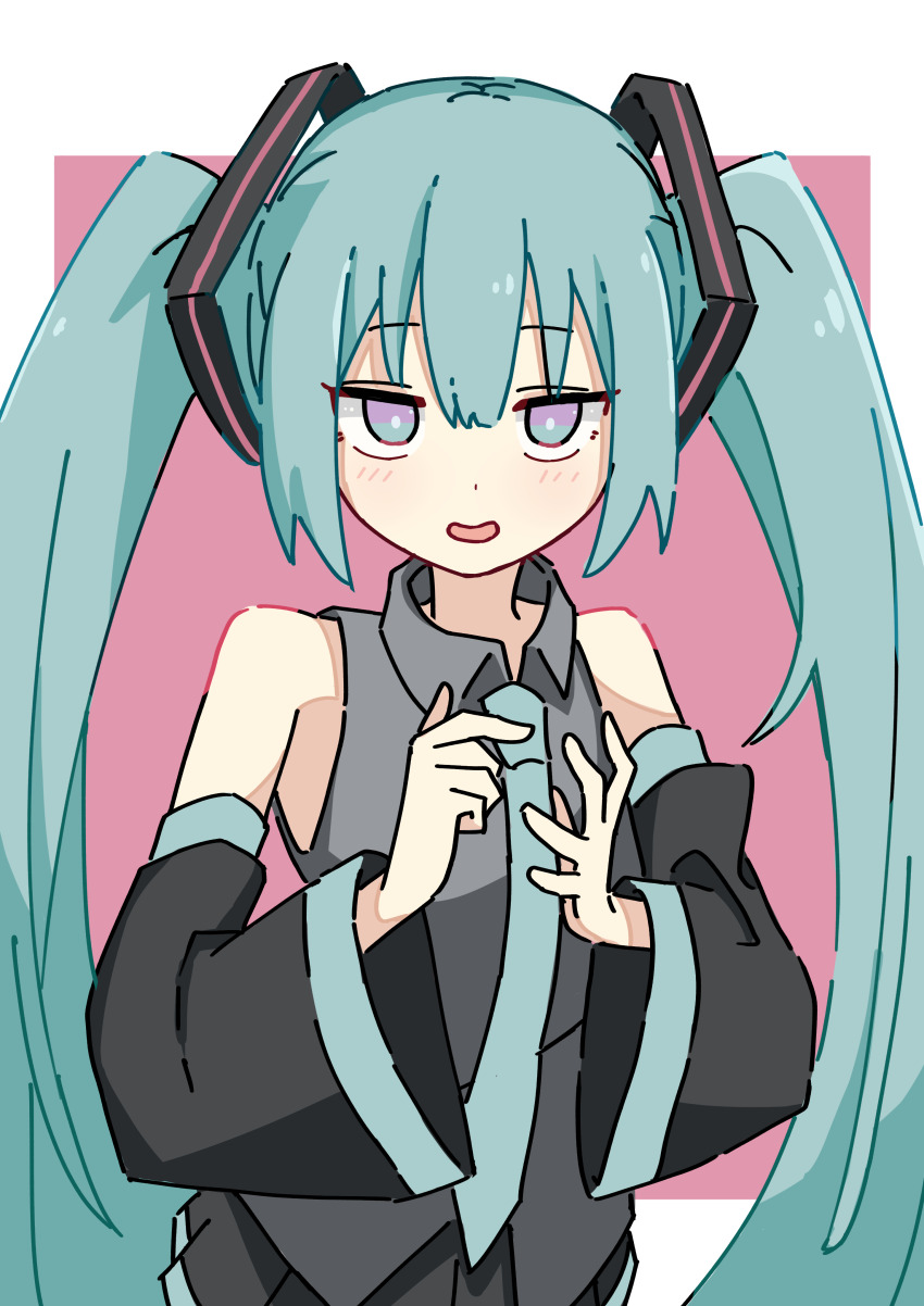 1girl absurdres aqua_eyes aqua_hair aqua_necktie auhuheben17 black_skirt black_sleeves border detached_sleeves grey_shirt hair_ornament hatsune_miku highres looking_at_viewer necktie pink_background shirt skirt sleeveless sleeveless_shirt solo standing twintails upper_body vocaloid white_border