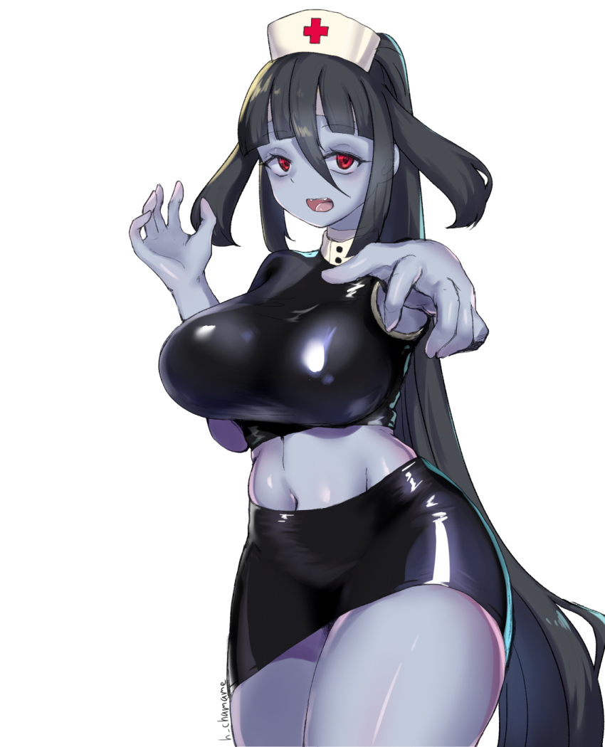 1girl arms_up artist_name bandaged_head bandaged_neck bandages black_hair blue_skin breasts chamame colored_skin curvy fangs hair_between_eyes hat highres large_breasts latex latex_skirt latex_top long_hair microskirt midriff navel nurse_cap open_mouth outstretched_arms red_eyes shiny_clothes shiny_skin sidelocks simple_background skirt solo standing teeth thick_thighs thighs upper_teeth_only very_long_hair white_background yamada_tae zombie zombie_land_saga