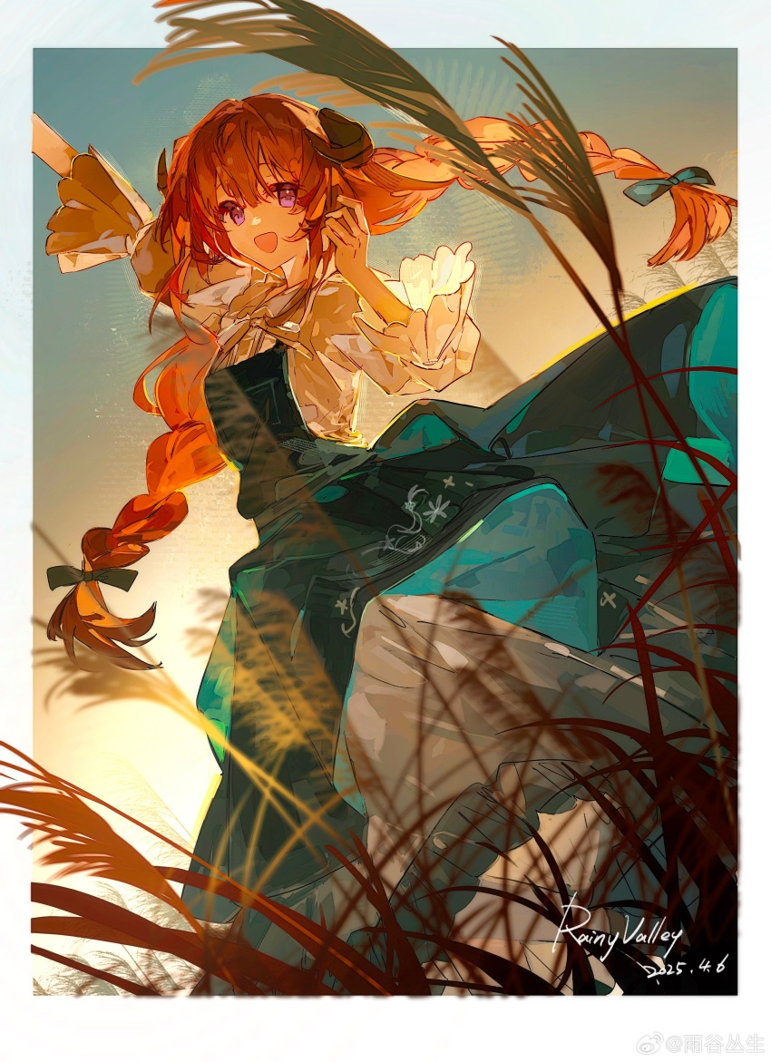 1girl :d absurdres arknights arm_up backlighting bagpipe_(arknights) bagpipe_(echo_of_bagpipes)_(arknights) black_dress blurry buqiyong dated depth_of_field dress grass highres horns layered_dress long_sleeves looking_at_viewer open_mouth orange_hair purple_eyes signature smile solo white_dress