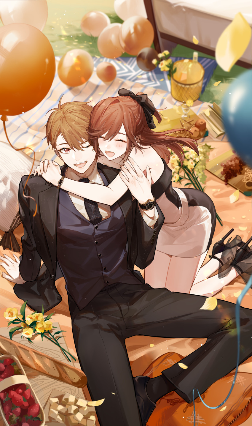 1boy 1girl :d absurdres balloon bare_shoulders basket black_bow black_jacket black_necktie black_pants black_shirt black_vest bow bread brown_eyes brown_hair closed_eyes cookie dress flower food formal_clothes green_eyes grey_vest hair_bow high_heels highres hug jacket jewelry kneeling long_hair long_sleeves luke_pearce_(tears_of_themis) necktie one_eye_closed open_mouth outdoors pants polo_shirt qinnye rosa_(tears_of_themis) rose shirt short_hair sitting sleeveless smile suit tears_of_themis teeth vest watch white_shirt wristwatch