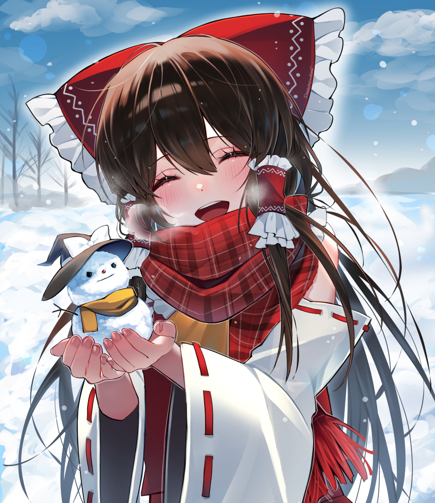1girl absurdres ascot bare_tree black_hat blue_sky bow breath brown_hair character_snowman commentary day detached_sleeves facing_viewer frilled_bow frilled_hair_tubes frills hair_between_eyes hair_bow hair_tubes hakurei_reimu hat highres holding_snowman kirisame_marisa long_hair long_sleeves open_mouth outdoors plaid_clothes plaid_scarf red_bow red_ribbon red_scarf red_shirt ribbon ribbon-trimmed_sleeves ribbon_trim samon_(vxxr8575) scarf shirt sky snow solo symbol-only_commentary touhou tree upper_body wide_sleeves winter witch_hat yellow_ascot yellow_scarf