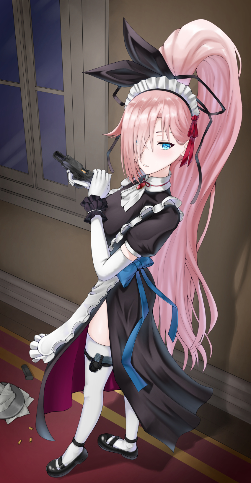 1girl absurdres ascot black_dress black_footwear black_wrist_cuffs blue_ribbon breasts broken_vase brown_dust_(series) brown_dust_2 dress elbow_gloves from_above full_body gloves gun hair_over_one_eye highres holding holding_gun holding_weapon holster kouch4n long_hair looking_at_viewer maid maid_headdress medium_breasts pink_hair ponytail red_carpet ribbon rubia_(brown_dust) shell_casing solo thigh_holster thighhighs very_long_hair waist_ribbon weapon white_ascot white_gloves white_headdress white_thighhighs wrist_cuffs