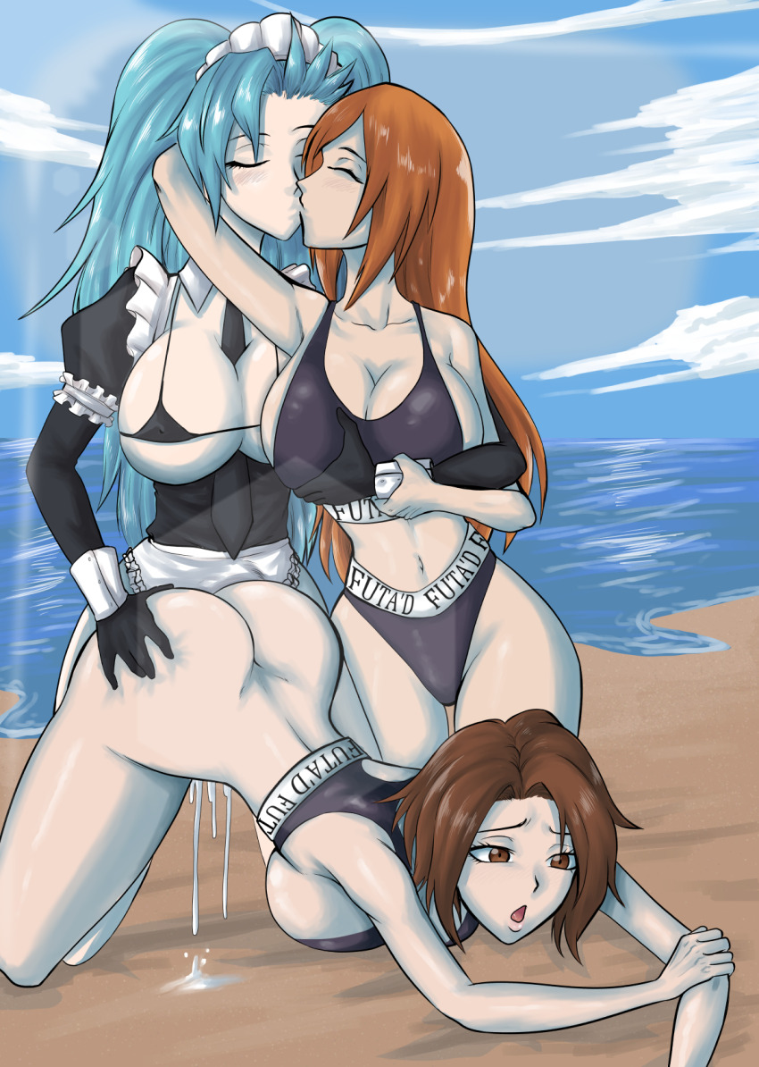 1futa 2girls :o aima_zero akeno(itsnafulol) arm_around_shoulder ass beach bikini bikini_top_only black_gloves bleach blue_hair blue_sky bottomless breasts brown_eyes brown_hair cheating_(relationship) cleavage closed_eyes clothes_writing cloud cum cum_in_pussy cum_overflow curvy eyelashes from_behind futanari gloves grabbing_another&#039;s_ass grabbing_another&#039;s_breast groping group_sex hair_between_eyes hair_over_one_eye highres huge_ass inoue_orihime kiss kurosaki_masaki large_breasts light_blush long_hair maid maid_bikini maid_headdress multiple_girls navel netorare ocean open_mouth orange_hair outdoors sex sex_from_behind short_hair sideboob sky sperm_cell sports_bikini sports_bra sportswear swimsuit threesome top-down_bottom-up twintails unconventional_maid wide_hips