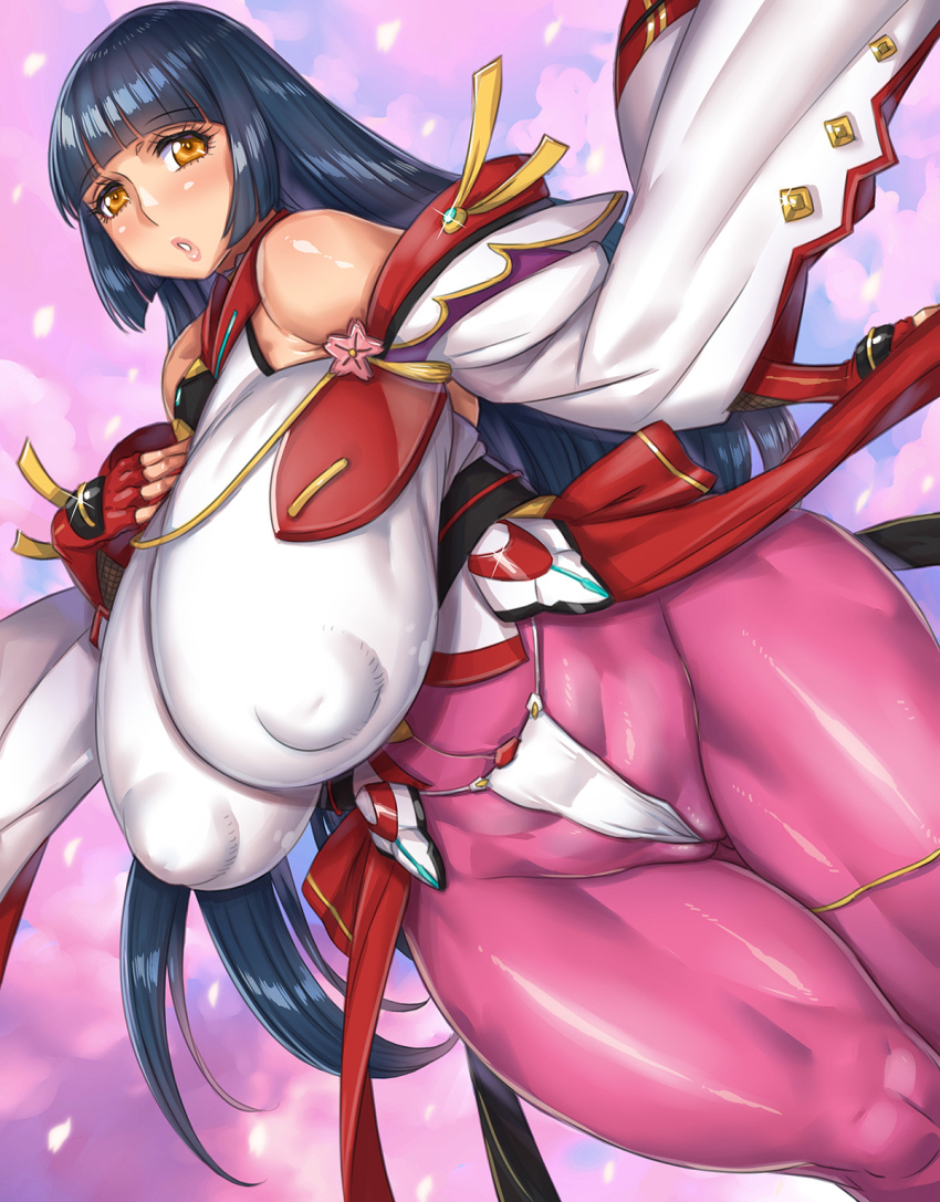 1girl black_hair breasts brown_eyes clothing_cutout covered_erect_nipples fingerless_gloves frontal_wedgie fundoshi gloves highres hime_cut huge_breasts japanese_clothes lips long_hair looking_at_viewer mikami_chizu momofuki_rio panties pantyhose parted_lips pink_pantyhose red_gloves shiny_clothes shiny_skin shirt shoulder_cutout solo taimanin_(series) taimanin_rpgx taimanin_suit thick_thighs thighs thong underwear very_long_hair wedgie white_panties white_shirt wide_hips wide_sleeves