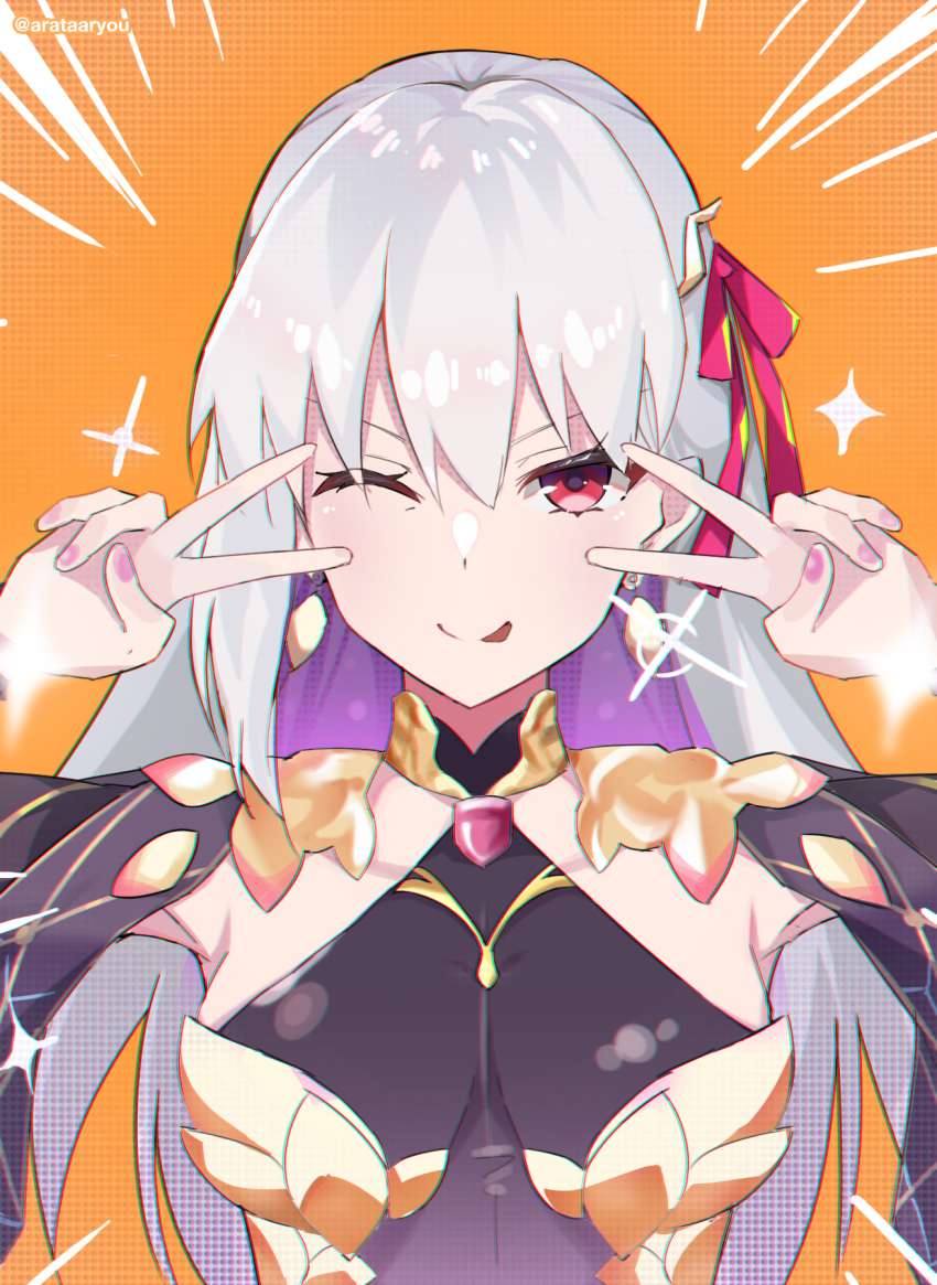 1girl arata_ryou armor bare_shoulders bikini_armor blush breasts collar detached_sleeves double_v dress earrings emotional_engine_-_full_drive fate/grand_order fate_(series) hair_ribbon highres jewelry kama_(fate) kama_(second_ascension)_(fate) large_breasts long_hair looking_at_viewer metal_collar one_eye_closed purple_dress purple_sleeves red_eyes ribbon smile solo sparkle tongue tongue_out v white_hair