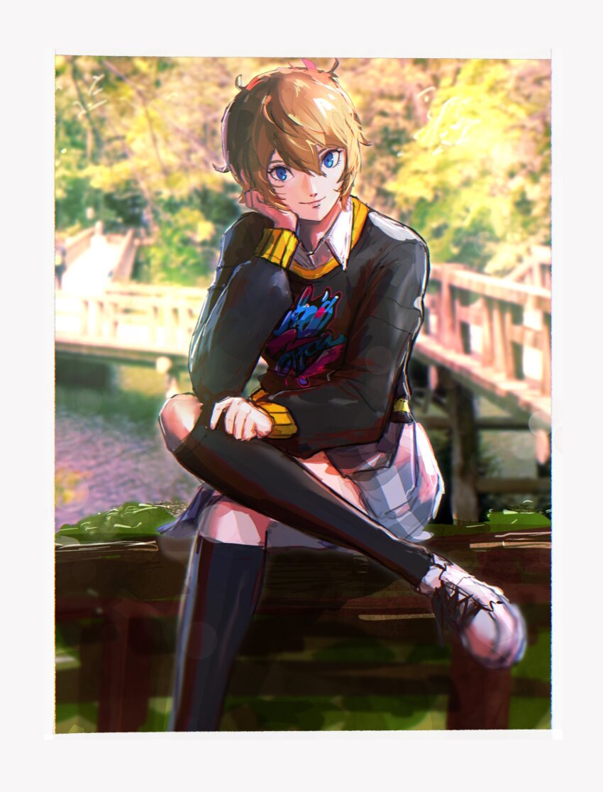 1girl arai_motoha black_socks blue_eyes brown_hair collar crossed_legs head_on_hand highres kneehighs light_smile persona persona_5 persona_5:_the_phantom_x rae_ariadne short_hair socks water