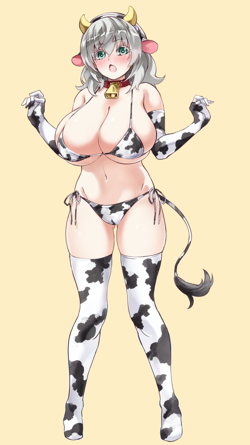 1girl animal_ears animal_print bell bikini binbougami_ga! blush breasts cow_ears cow_horns cow_print cow_tail elbow_gloves eyelashes gloves gluteal_fold green_eyes groin hair_between_eyes highres horns huge_breasts navel neck_bell open_mouth sakura_ichiko short_hair side-tie_bikini_bottom silver_hair simple_background solo sukeno_yoshiaki swimsuit tail thighs white_legwear