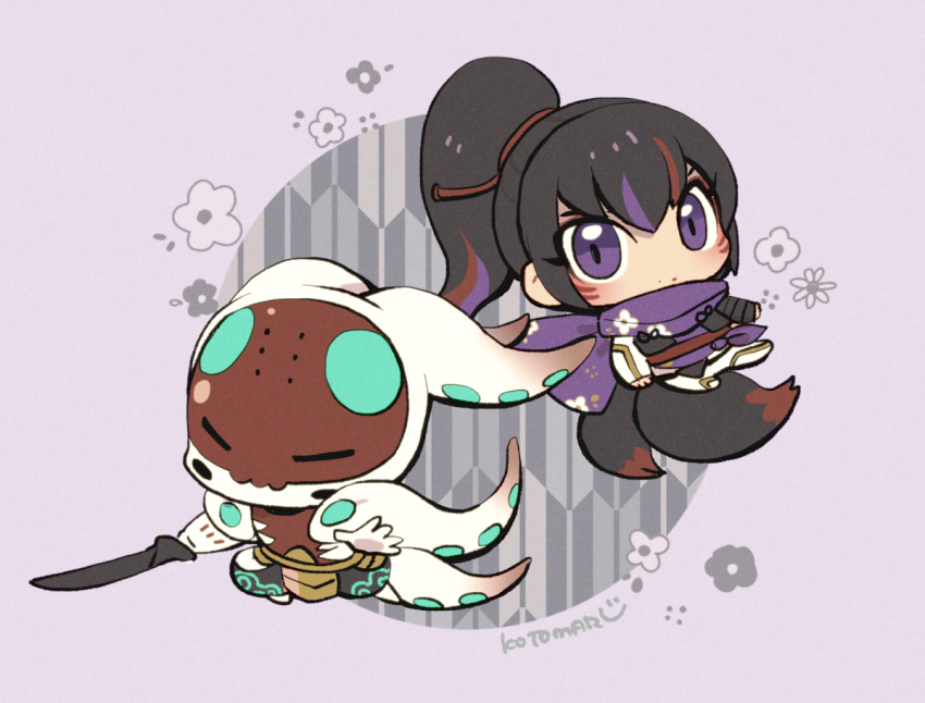 1boy 1girl :3 black_hair chibi closed_eyes closed_mouth dark-skinned_male dark_skin facial_mark forehead_mark fox_tail grey_background holding holding_sword holding_weapon kotorai kunimitsu_ii multicolored_hair ponytail purple_eyes purple_scarf scarf simple_background streaked_hair sword tail tekken tentacles weapon yoshimitsu_(namco)