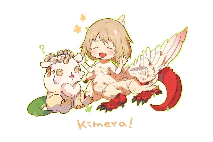 1girl 765_nanami ? anoko_(chiikawa) blonde_hair body_fur centauroid chibi chibi_only chiikawa chimera claws closed_eyes commentary creature crossover dragon_tail dungeon_meshi falin_touden falin_touden_(chimera) fang feathered_wings feathers full_body hair_between_eyes highres horns lizard_tail monster_girl multiple_legs open_mouth red_scales short_hair sidelocks simple_background single_horn sitting smile tail taur unicorn_horn white_background white_feathers white_fur wings