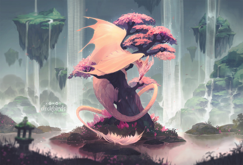 artist_name cherry_blossoms clockbirds commentary commission dragon dragon_horns dragon_tail english_commentary fantasy floating_island flower horns light_particles making-of_available medibang_paint_(medium) mountain nature no_humans original partially_feathered_tail photoshop_(medium) pink_flower pink_horns pond rock scenery shadow solo stone_lantern tail tree underground water waterfall watermark western_dragon white_scales white_tail