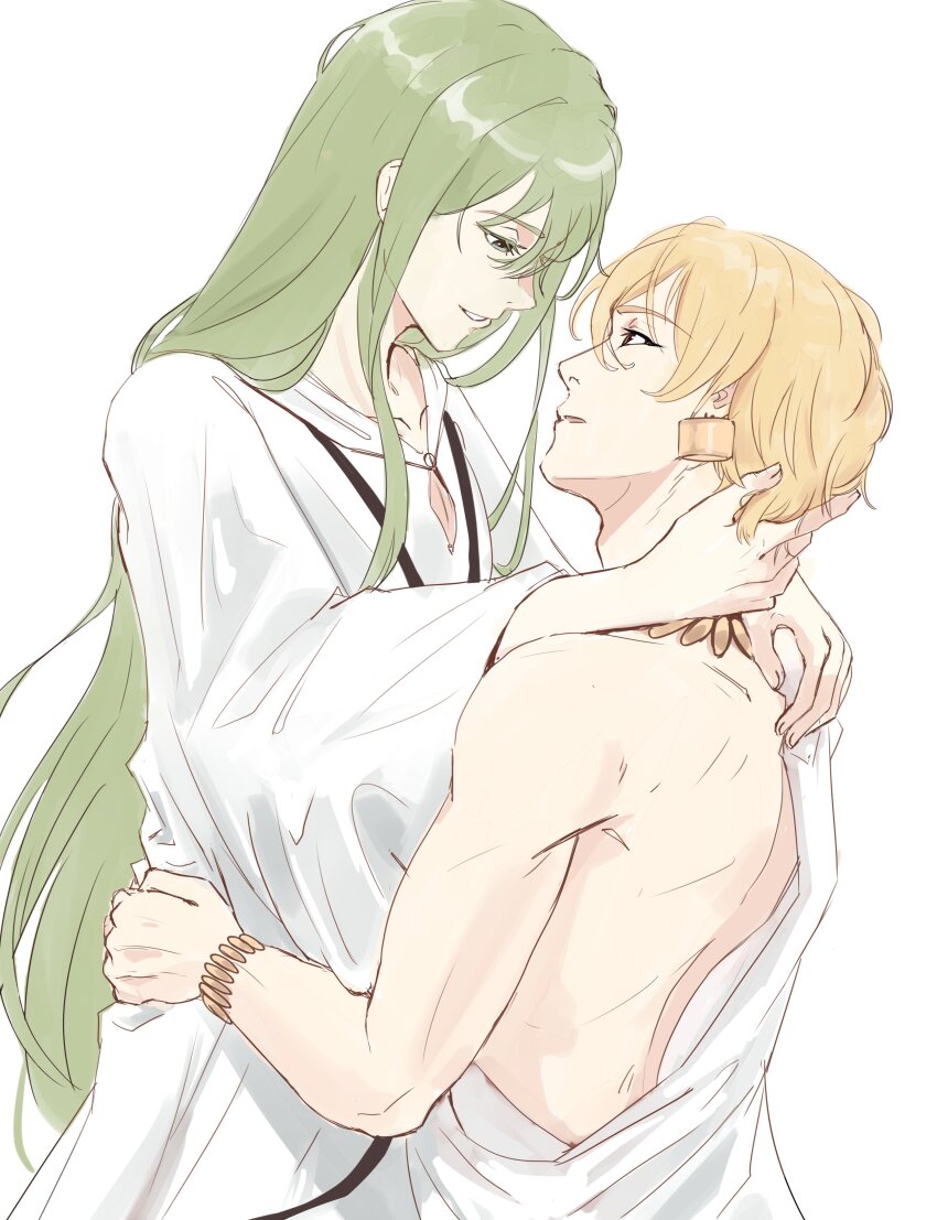 1other absurdres androgynous arabian_clothes blonde_hair enkidu_(fate) fate/grand_order fate_(series) gilgamesh_(fate) green_hair highres long_hair looking_at_another mohr_rr other_with_male robe toga white_robe