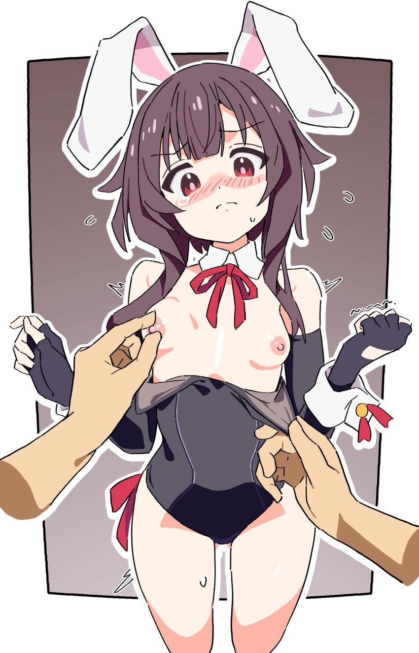 1girl 1other animal_ears assisted_exposure bare_shoulders black_gloves black_leotard blush breasts brown_hair closed_mouth detached_collar disembodied_hand elbow_gloves embarrassed fake_animal_ears fingerless_gloves gloves highres kono_subarashii_sekai_ni_shukufuku_wo! leotard megumin nervous nipple_stimulation nipple_tweak nipples noyama_takenoko playboy_bunny rabbit_ears red_eyes short_hair_with_long_locks small_breasts sweat thighs wrist_cuffs