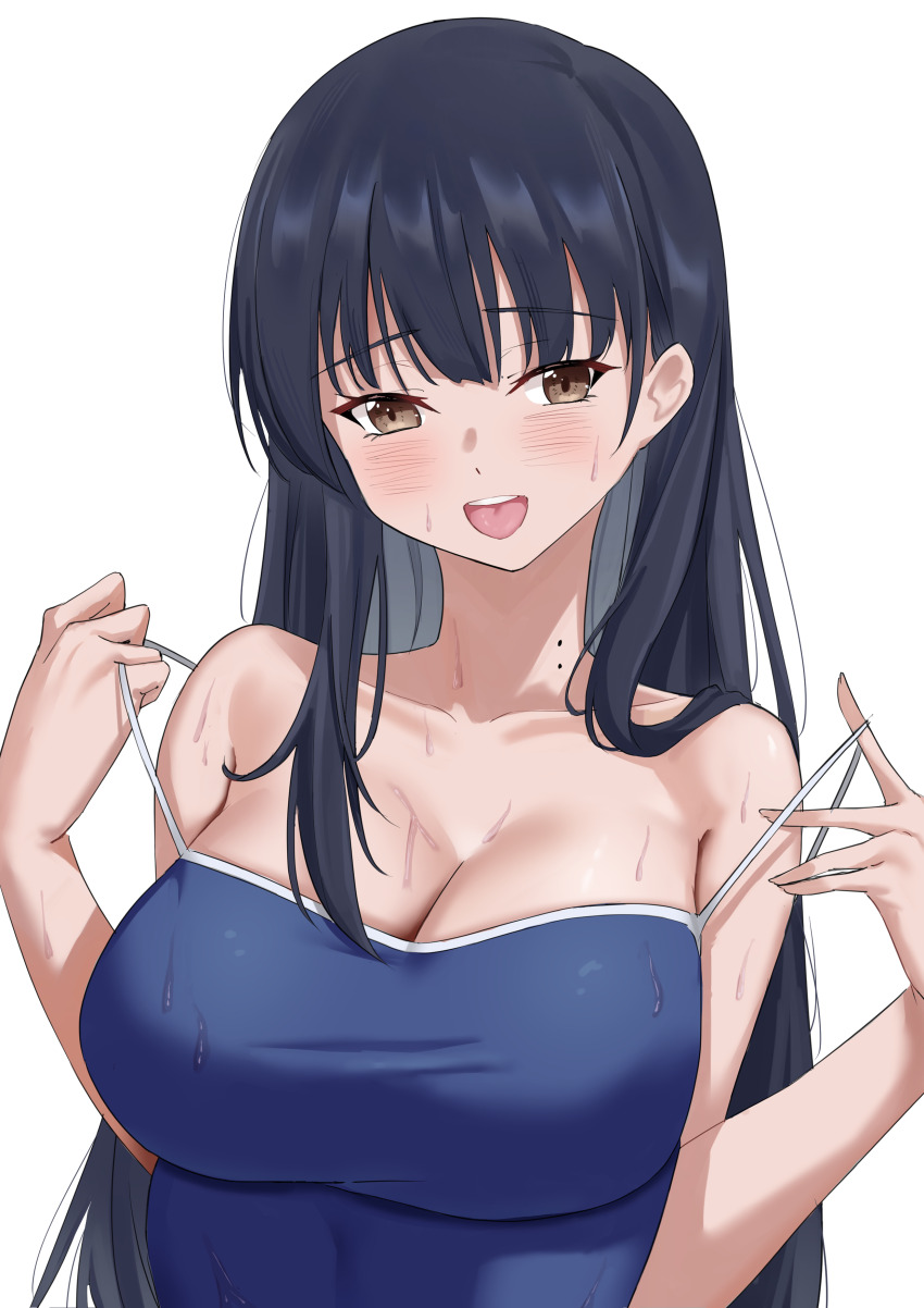 1girl absurdres blue_hair blue_one-piece_swimsuit blush boku_no_kokoro_no_yabai_yatsu boyin breasts brown_eyes cleavage clothes_pull collarbone competition_school_swimsuit dark_blue_hair highres large_breasts long_hair looking_at_viewer mole mole_on_neck multiple_moles one-piece_swimsuit one-piece_swimsuit_pull open_mouth pulling_own_clothes school_swimsuit simple_background solo swimsuit upper_body wet white_background yamada_anna