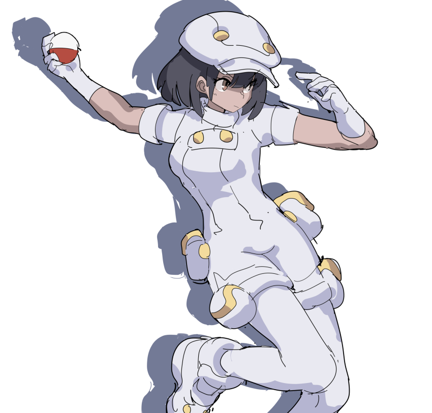 1girl aether_foundation_employee aether_foundation_employee_(female) aether_foundation_uniform black_hair brown_eyes cabbie_hat creatures_(company) dark-skinned_female dark_skin full_body game_freak gloves hat highres huanxiang_huifeng jumpsuit looking_at_viewer nintendo pantyhose pokemon pokemon_sm shoes short_hair short_jumpsuit short_sleeves simple_background solo standing turtleneck_jumpsuit white_background white_gloves white_hat white_jumpsuit white_pantyhose white_shoes
