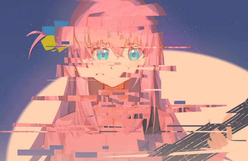 1girl blue_eyes bocchi_the_rock! cube_hair_ornament glitch gotoh_hitori guitar hair_ornament highres holding holding_guitar holding_instrument instrument jacket kubing_aaa long_hair looking_at_viewer one_side_up parted_lips pink_hair pink_jacket solo spotlight track_jacket upper_body