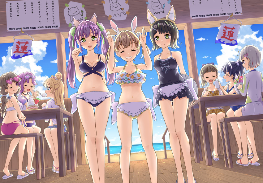6+girls :d ;) ^_^ animal_ear_hairband animal_ears anyoji_hime anyoji_hime_(swimsuit) apron beach_house bikini black_bow black_hair black_one-piece_swimsuit blonde_hair blue_bikini blue_eyes blue_hair blue_one-piece_swimsuit blue_shorts blue_sky blunt_bangs blunt_ends bow braid breasts brown_hair cake casual_one-piece_swimsuit cat_ear_hairband cat_ears cerise_bouquet child&#039;s_drawing cleavage closed_eyes closed_mouth cloud collarbone commentary_request cross-laced_clothes cross-laced_one-piece_swimsuit crossed_bangs cumulonimbus_cloud dark_blue_hair day dollchestra dutch_angle eyewear_on_head facing_another facing_viewer fake_animal_ears feeding feet_out_of_frame flip-flops flipped_hair food fox_ears frilled_bikini frills fujishima_megumi fujishima_megumi_(swimsuit) gluteal_fold gradient_clothes gradient_hair gradient_jacket green_eyes green_ribbon grey_hair hair_bow hair_bun hair_ornament hair_ribbon hair_scrunchie hairband hairclip half_up_braid hanamiya_nina_(style) hand_on_own_cheek hand_on_own_face handkerchief heart heart-shaped_eyewear highres hinoshita_kaho hinoshita_kaho_(swimsuit) holding holding_handkerchief holding_tray jacket jacket_on_shoulders kachimachi_kosuzu kachimachi_kosuzu_(swimsuit) light_blue_hair link!_like!_love_live! long_hair long_sleeves looking_at_another looking_at_viewer love_live! low_twintails medium_breasts medium_hair miniapron mira-cra_park! mismatched_bikini momose_ginko momose_ginko_(swimsuit) multi-strapped_bikini_bottom multi-strapped_bikini_top multi-tied_hair multicolored_hair multicolored_jacket multiple_girls murano_sayaka murano_sayaka_(swimsuit) no_jacket official_alternate_costume official_alternate_hairstyle on_bench one-piece_swimsuit one_eye_closed open_mouth osawa_rurino osawa_rurino_(swimsuit) otomune_kozue otomune_kozue_(swimsuit) pink-framed_eyewear pink-tinted_eyewear pink_bikini pink_hair pink_jacket ponytail purple_bikini purple_eyes purple_hair purple_jacket purple_scrunchie qy73 rabbit_ear_hairband rabbit_ears rabbit_hair_ornament red_eyes red_hair ribbon ruffle_bikini sandals scrunchie self-borrowed_hairstyle short-sleeved_jacket short_hair short_shorts short_sleeves shorts sidelocks single_hair_bun single_sidelock sitting sky smile split_mouth standing streaked_hair sunglasses swept_bangs swimsuit swimsuit_skirt teeth tinted_eyewear tray twintails upper_teeth_only virtual_youtuber waist_apron white-framed_eyewear white_bikini white_jacket yellow_bikini yugiri_tsuzuri yugiri_tsuzuri_(swimsuit)