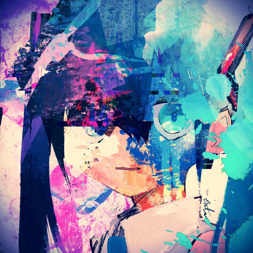 1girl abstract aqua_eyes aqua_hair bare_shoulders blue_eyes blue_hair blue_necktie collared_shirt commentary_request hair_between_eyes hatsune_miku heterochromia highres long_hair looking_at_viewer looking_to_the_side multicolored_hair necktie paint_splatter parted_lips pinosan portrait shirt signature sleeveless sleeveless_shirt solo split-color_hair twintails vocaloid wing_collar